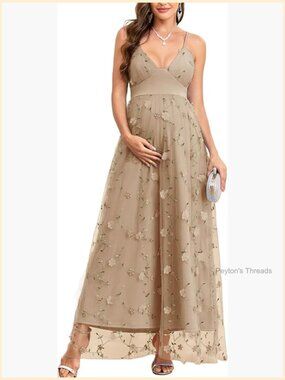 3D Floral Maternity Maxi Dress V-Neck Tulle Spaghetti Strap A-Line Pregnancy